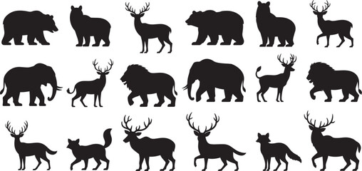 Black silhouettes of wild animals including bears deer lions elephants and foxes wolf