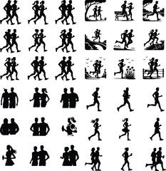 Couple Jogging in Park Silhouette Set – Fitness & Love Icons Jogging Duo Vector Icons – Outdoor Exercise Silhouette Pack