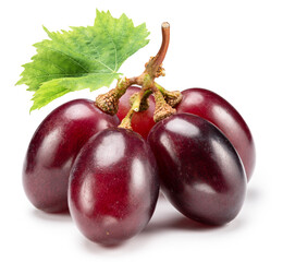Small bunch of ripe red table grape berries with green leaves on white background. File contains...