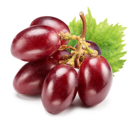 Small bunch of ripe red table grape berries with green leaves on white background. File contains...