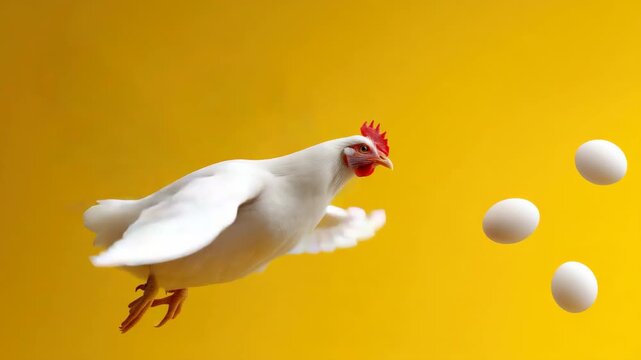 Graceful chicken in flight with floating eggs against vibrant yellow backdrop