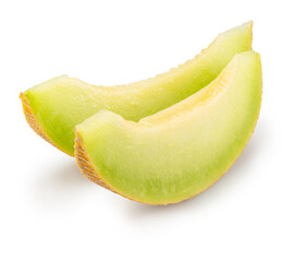 Galia melon slice with juicy yellow-green flesh isolated on white background. File contains...