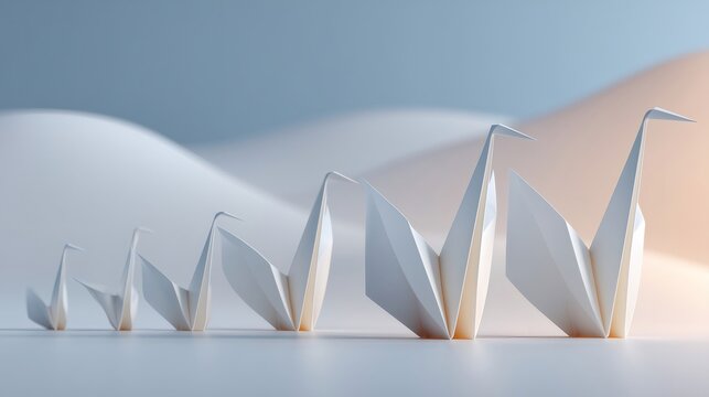 Origami paper cranes gradually increasing in size symbolizing growth