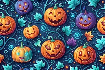 A festive halloween background featuring carved pumpkins, autumn leaves, and swirling patterns in vibrant orange, blue, and purple hues