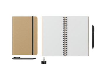 Ultra realistic UHD top-down flat lay of two spiral-bound notebooks (one closed kraft paper, one open blank white), black pen, silver clips on white background with copy space. Commercial stationery