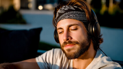 A man with a beard and a bandana wearing headphones, listening to music with eyes closed.