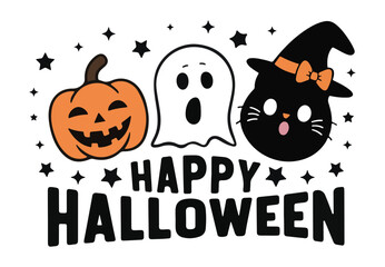 happy halloween illustration with pumpkin ghost and cat in witch hat surrounded by stars perfect for festive seasonal greeting card designs