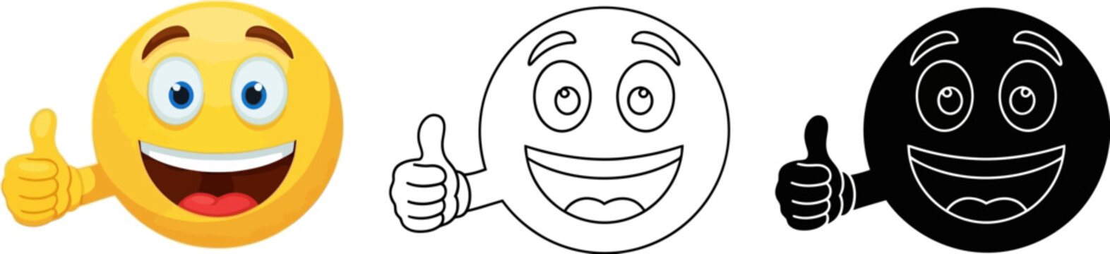 Naklejki Yellow emoji with thumbs up along with black and white variations against a white background.