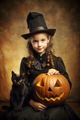 Fototapeta premium A girl dressed as a witch poses with a black cat and a carved pumpkin, capturing the magic of halloween
