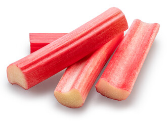 Cuts of red rhubarb stem on white background. File contains clipping path.