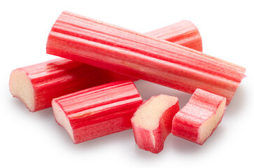 Cuts of red rhubarb stem on white background. File contains clipping path.