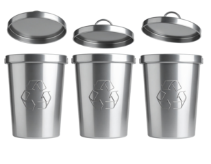 Set A modern 3D steel rubbish bin with a sleek matte metal finish, floating mid-air w 85681.