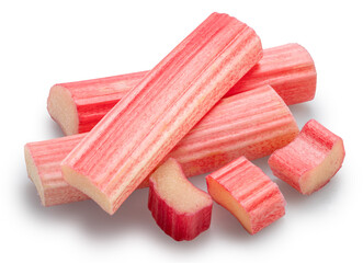 Cuts of red rhubarb stem on white background. File contains clipping path.