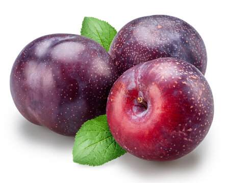 Ripe chinese plums with green leaf isolated on white background. File contains clipping paths.