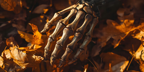 Fall Skeleton Hand Image, Autumn Leaves Design, Macabre Halloween Season, Spooky Skeleton Bones, Bone Hand Photography