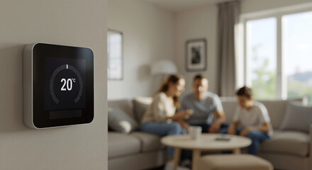 Smart home thermostat showing 20 degrees with blurred family sitting on couch in living room. Digital temperature display mounted on wall with home interior background. Climate control technology