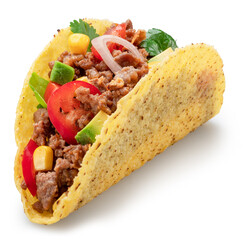 Mexican meat taco or beef stuffed tortilla isolated on white background. File contains clipping...