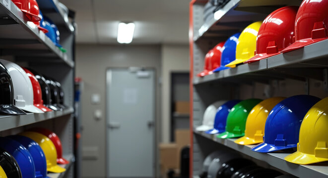Colorful safety helmets organized on warehouse shelves. Construction equipment storage concept. Industrial workplace protection gear. Worker safety supplies sale and training services
