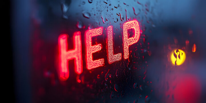 HELP image, Neon HELP words , Rainy photo, Water droplets, Urgent assistance, Rescue needed, Emotional photo, Digital HELP files