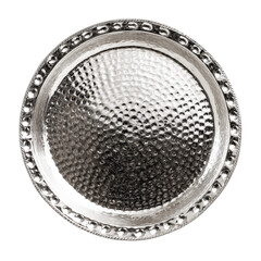 Artisan hammered silver tray, round and decorative, isolated on white background