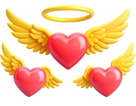 Set A stylized 3D heart with small folded yellow wings resting gently at the sides, g 233489