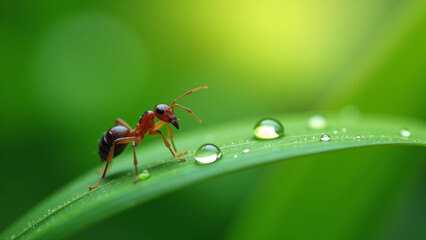 Naklejka premium lone ant stands atop leaf tiny body silhouetted vibrant green background surrounded miniature water droplets