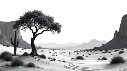 lone tree stands dramatic monochromatic desert backdrop rugged rock formations sandy dunes wispy silhouetted cacti