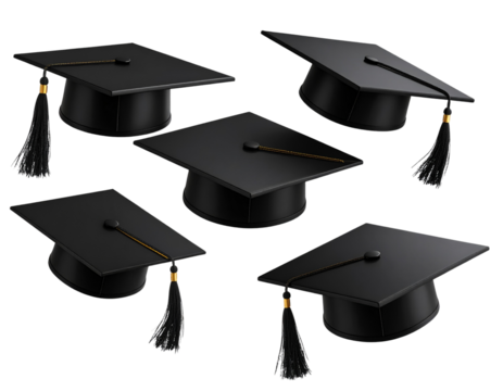 Set Floating 3D Graduation Cap with Glossy Finish and Soft Glow, Minimalist Celebration Symbol, Transparent Background. - Powered by Adobe