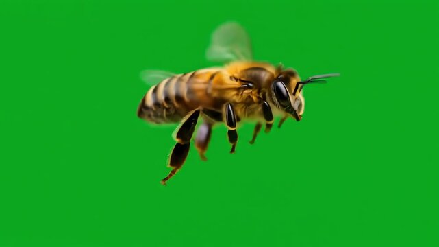A bee with striped body black legs and blurred wings hovers against a vibrant green background