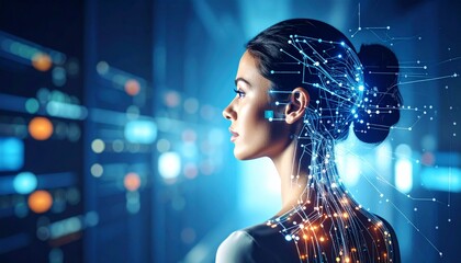 Woman with digital interface and glowing data connection visualization