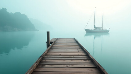 Fototapeta premium wooden dock stretches serene harbor lone ship glides calm turquoise waters surrounded soft morning