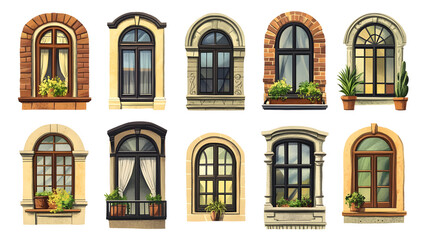 Fototapeta premium Collection of diverse architectural window designs with plants and curtains