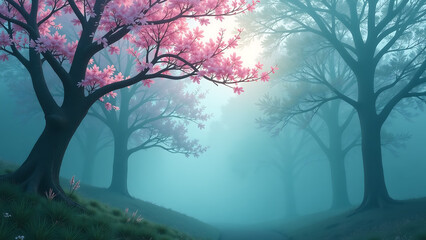 misty forest awakens dawn bathed soft blue light delicate pink blossoms unfurl amidst trees emerald canopies ethereal beauty
