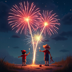 Two children enjoying a fireworks display on the 4th of July
