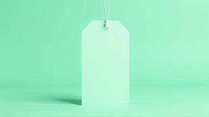 A blank turquoise price tag hanging by a string against a matching turquoise background. product labeling, branding, sales promotions. Minimalist marketing designs.
