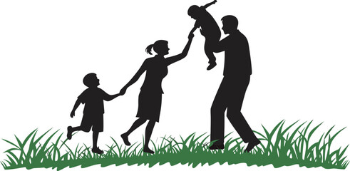 Minimalist Silhouette of a Happy Family Celebrating National ParentsDay with Two Children on White Background and Grass Border