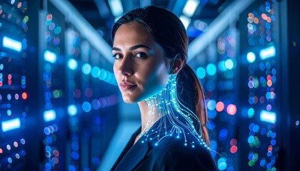 Portrait of a woman with glowing data cables in a server room atmosphe