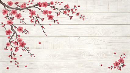 A delicate spring floral border featuring soft pink cherry blossom branches cascading from the top left corner across a light whitewashed wooden background.