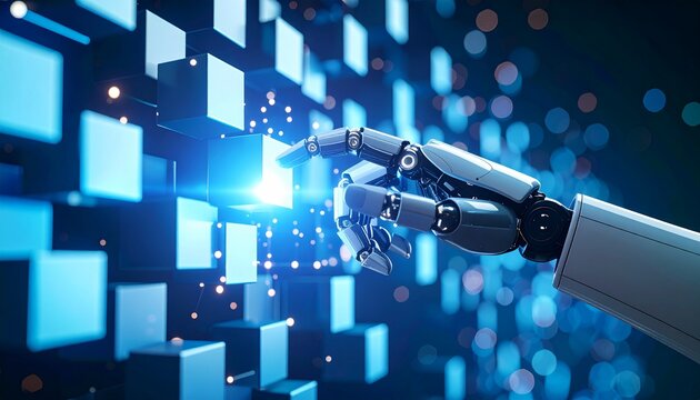 Futuristische Prothesenhand interagiert mit leuchtenden Lichtw&uuml;rfeln