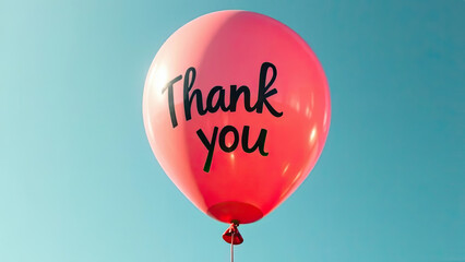 A vibrant red balloon with "Thank You" text floats against a clear blue sky, symbolizing gratitude, celebration, and appreciation. Festive events, greeting cards. Positive messages.