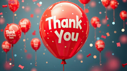 A vibrant scene of multiple glossy red balloons with "Thank You" text floating amidst confetti, symbolizing celebration, gratitude, and joy. Events, parties. Festive greetings.