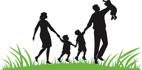 Silhouette of a Family with Two Young Children Celebrating National Parents Day in Nature with Birds and Grass on White Background