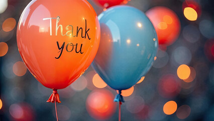 A close-up of vibrant orange and blue balloons with "Thank You" text, surrounded by colorful blurred lights, symbolizing gratitude, celebration, and festive joy. Events. Greetings.