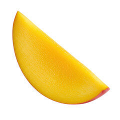 Perfectly cut slice of ripe mango with vibrant yellow flesh and reddish-pink peel, isolated on a transparent background with shadowless studio lighting, extreme close-up macro photography, concept