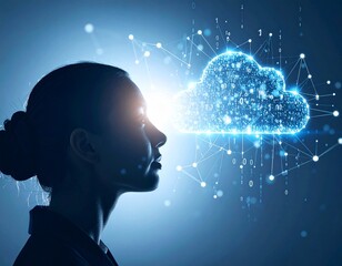 Silhouette of a woman with conceptual cloud computing graphics