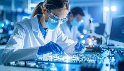 Scientist working on electronic components in a modern laboratory