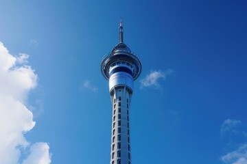 Obraz premium The iconic sky tower punctuates the vibrant auckland skyline against a backdrop of brilliant blue sky