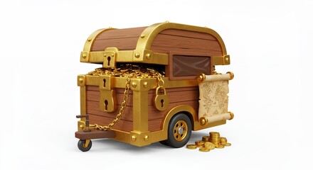 Wooden treasure chest on wheels with gold coins