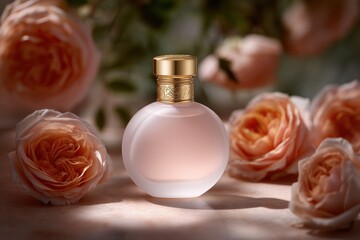 Perfume bottle displayed with peach colored roses in bright sunlight