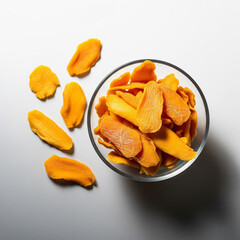 Overhead minimal shot of dry mango chips in clear glass bowl on matte gray backdrop. Bright top light, scattered pieces copy